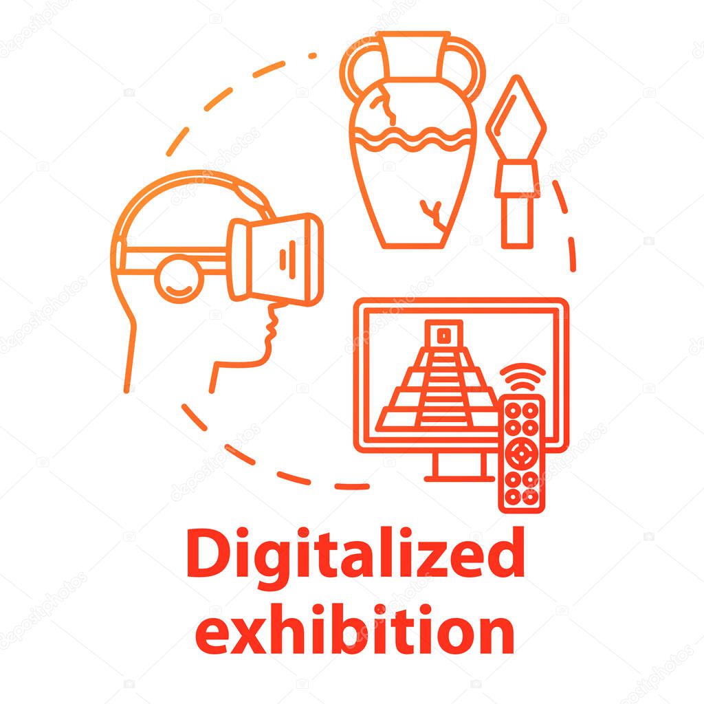 Digitalized exhibition concept icon. Digital interactive fair, venue in cyberspace. Online video museum tour. Virtual reality exposition idea thin line illustration. Vector isolated outline drawing