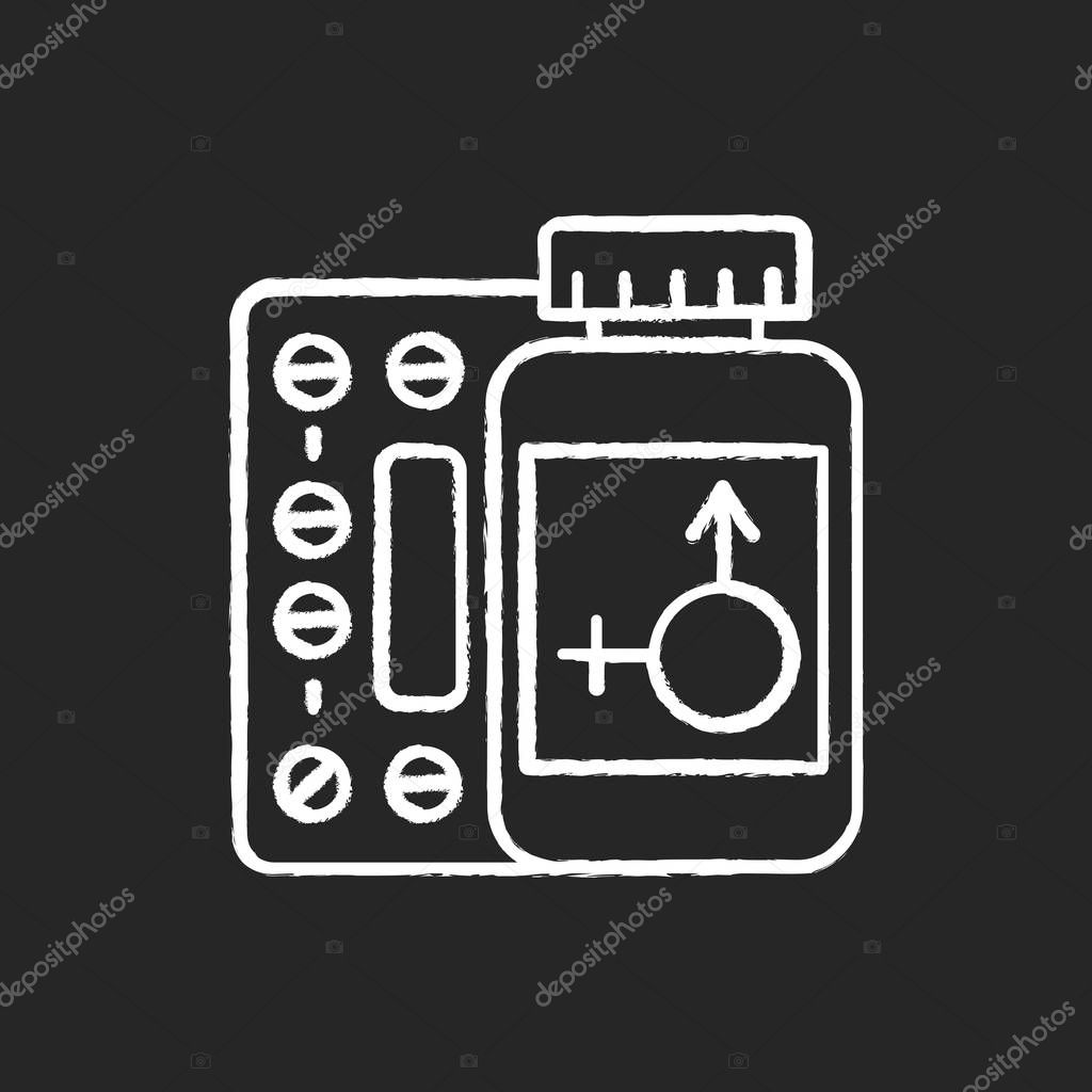 Hormone replacement therapy chalk icon. Pills for menopause. Medication for female health. Pharmaceutical product in bottle. Drug in container. Medical aid. Isolated vector chalkboard illustration