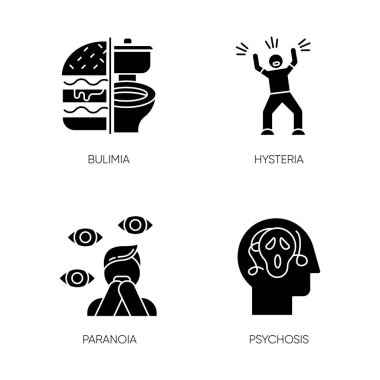 Zihinsel bozukluk sembolleri ayarlandı. Bulimia. Yeme bozukluğu. Histeri. Panik atak. Endişe, depresyon. Paranoya işte. Korku ve fobi. Psikoz. Siluet sembolleri. Vektör izole illüstrasyonu