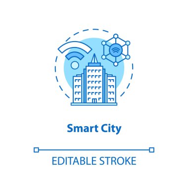 Akıllı şehir konsepti ikonu. Fütürist teknoloji. 5G teknolojisi ince çizgi çizimi fikri. Nesnelerin interneti, ağlar. Kentsel modern teknoloji. Vektör izole çizim. Düzenlenebilir vuruş