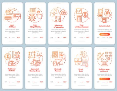 Mobil uygulama sayfa vektör şablonu üzerindeki ödemeler. Geleneksel yöntemler. İşlem rehberi. Doğrusal çizimlerle web sitesinin basamaklarını incele. Ux, Ui, Gui akıllı telefon arayüzü kavramı