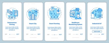 Seyyar uygulama sayfası ekranında doğrusal kavramlarla birlikte 5g teknolojileri. Akıllı şehir. Otomatik sürüş. Beş basamaklı grafik talimatlar üzerinden yürüyün. Ux, Ui, resimli Gui vektör şablonu