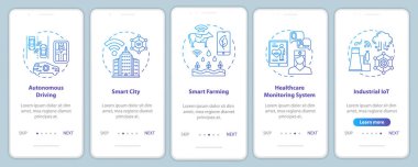 Mobil uygulama sayfa vektör şablonu için 5g teknolojileri. Akıllı şehir. Otomatik sürüş. Doğrusal çizimlerle web sitesinin basamaklarını incele. Ux, Ui, Gui akıllı telefon arayüzü kavramı