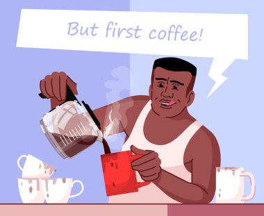 Caffeine addiction flat color vector illustration. But first coffee. Male coffeeholic. African american boy in casual clothes pouring cup of coffee cartoon character clipart