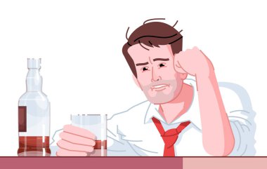 Alkol bağımlılığı düz renk vektör çizimi. Alkolizm alışkanlığı. Viskili pasaklı adam. Üzgün, yorgun, sarhoş, beyaz arka planda izole edilmiş bir çizgi film karakteri elinde bir bardak içki tutan beyaz adam.