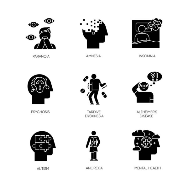 Mental disorder glyph icons set. Paranoia, psychosis. Amnesia, insomnia. Tardive dyskinesia. Alzheimer disease. Autism. Anorexia. Anxiety, depression. Silhouette symbols. Vector isolated illustration
