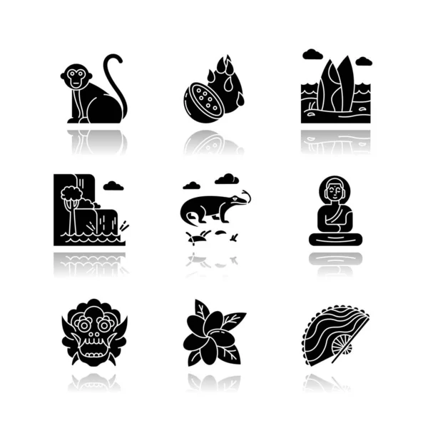 Indonesien Drop Shadow Black Glyph Icons Set Tropische Landtiere Reise — Stockvektor