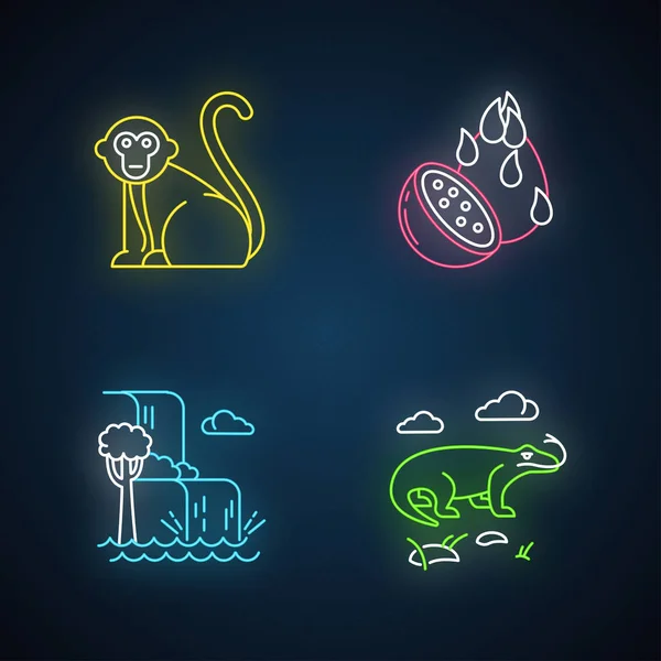 Indonesia Set Icone Luminose Neon Animali Tropicali Campagna Viaggio Indonesia — Vettoriale Stock
