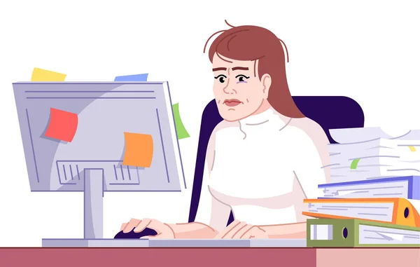 工作面平面彩色矢量图解 精疲力尽的办公室员工 好色的女工 主要的工作 在电脑上工作的疲惫女人 背景是白色的孤立卡通人物 — 图库矢量图片