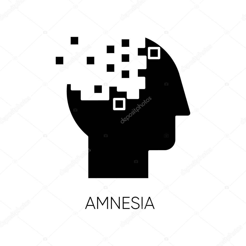 Amnesia glyph icon. Memory loss. Forgetting from brain injury. Trouble with remembering. Korsakoff syndrome. Mental disorder. Silhouette symbol. Negative space. Vector isolated illustration