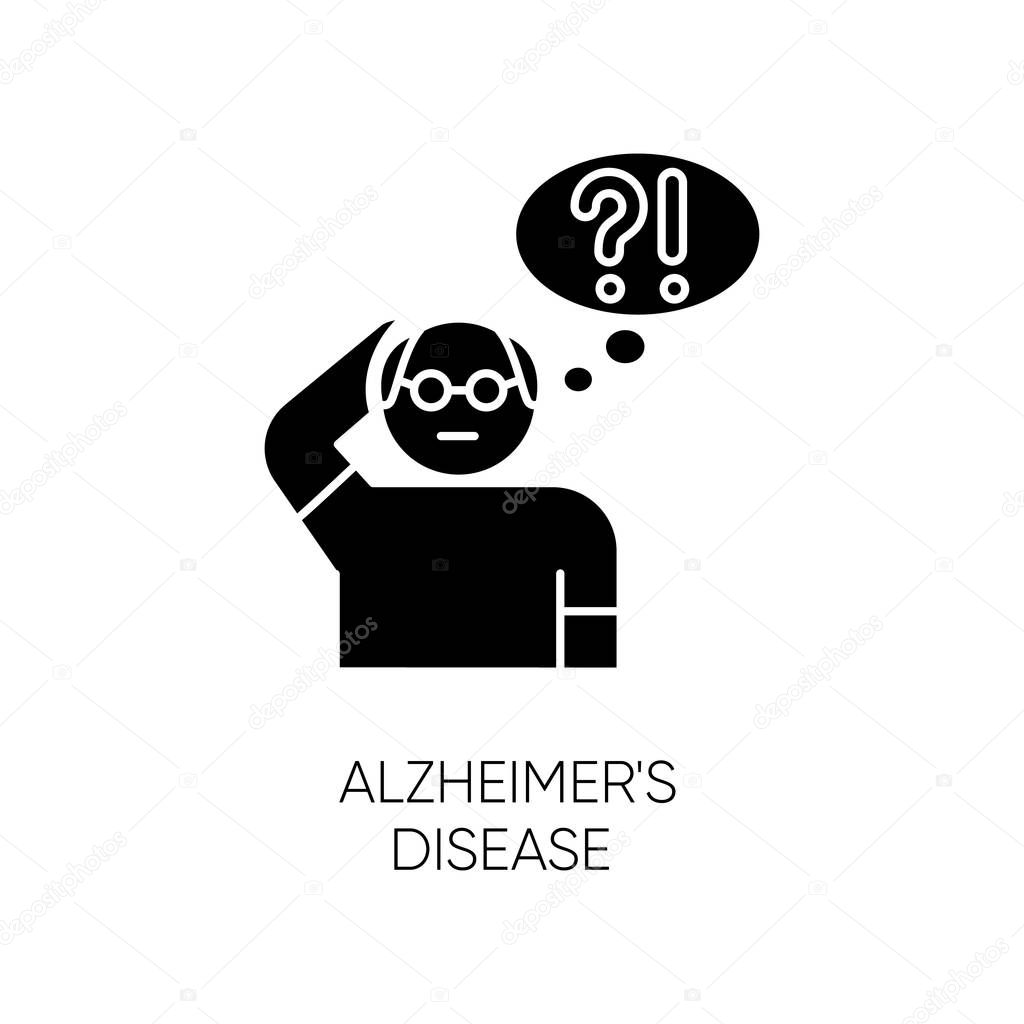 Alzheimer's disease glyph icon. Dementia. Memory loss. Trouble with thinking. Illness from old age. Elderly person. Mental disorder. Silhouette symbol. Negative space. Vector isolated illustration