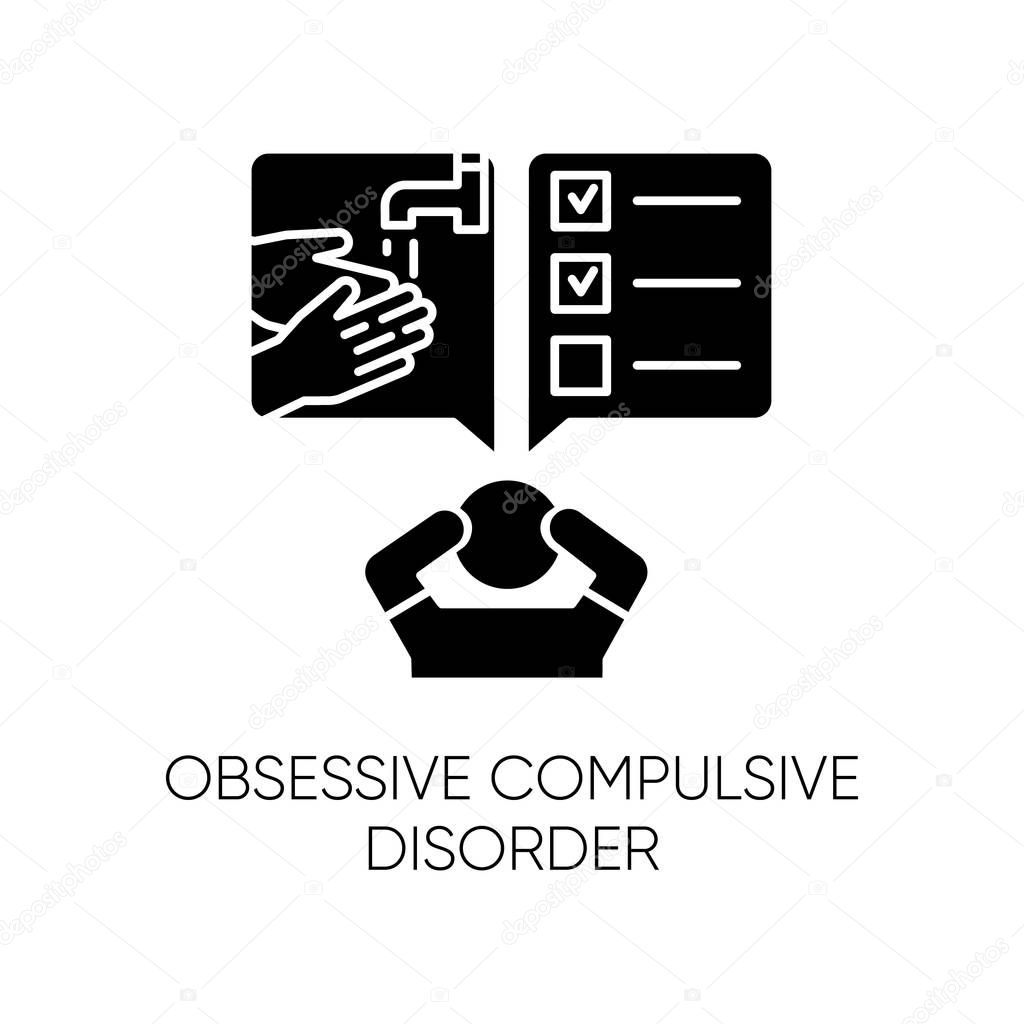 Obsessive-compulsive disorder glyph icon. Disturbed man. Thinking under pressure. Stress, anxiety. Perfectionist. Mental health issues. Silhouette symbol. Negative space. Vector isolated illustration