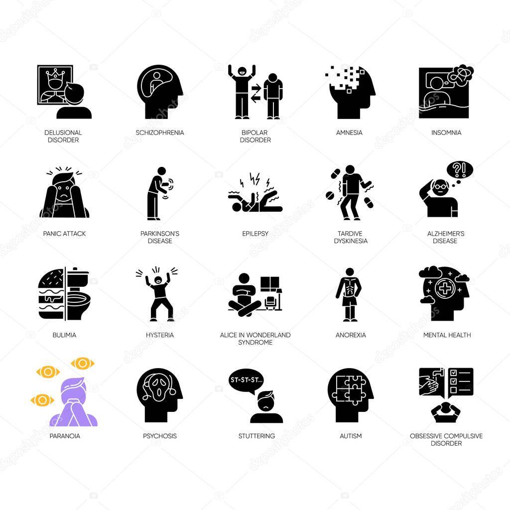 Mental disorder glyph icons set. Delusions, schizophrenia. Amnesia, insomnia. Bulimia, anorexia. Autism spectrum. Obsessive-compulsive syndrome. Silhouette symbols. Vector isolated illustration