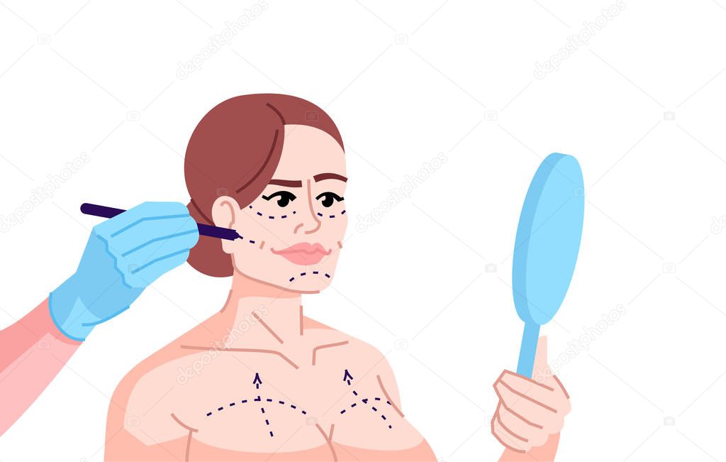 Plastic surgery addiction flat color vector illustration. Fashion victim. Consultation with plastic surgeon. Woman getting ready for skin tightening isolated cartoon character on white background