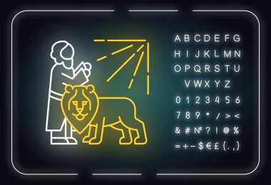 Daniel in lion den Bible story neon light icon. Legendary hero praying. Religious legend. Biblical narrative. Glowing sign with alphabet, numbers and symbols. Vector isolated illustration clipart