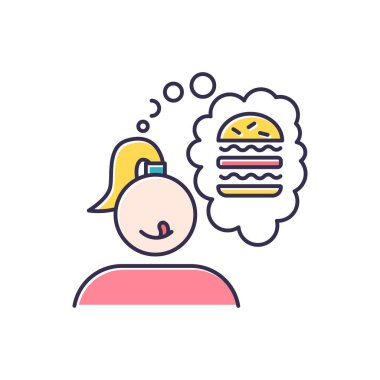 Yemek aşeren renk ikonu. Hamburger düşünen bir kız. Sandviç düşündüm. Fast food atıştırmalığı. Lezzetli ikram. Sağlıksız diyet. İştah ve cazibe. Çizburger, hamburger. İzole vektör illüstrasyonu