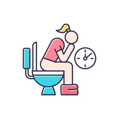 Kabızlık rengi simgesi. Adet sancısı. Adet sorunu. Lavaboda hemoroidi olan bir kız. Tuvaletteki kadın. Sindirim sistemi sorunu. Mide ağrısı. Banyo, tuvalet. İzole vektör illüstrasyonu