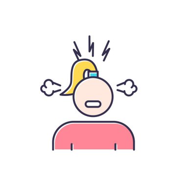 Sinir bozucu renk simgesi. Sinirli kız. Kızgın kadın. Adet belirtileri. Predstrual sendrom. Kaynar duygular. Sinir problemi. Üzüntü ve öfke. Hoşnutsuz ve kırgın. İzole vektör illüstrasyonu