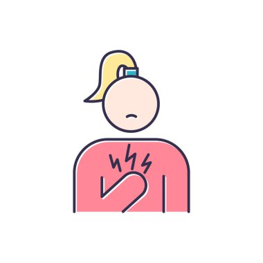 Göğüs ağrısı renk simgesi. Stresli kız. Endişeli bir kadın. Kalp krizi geçirdi. Sağlık sorunu var. Solunum sorunu. Çarpıntı. Hastalık ve hastalık. Predperistrual sendrom belirtileri. İzole vektör illüstrasyonu