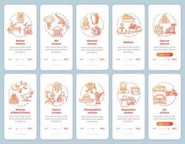 Sergi ve müze gezici uygulama sayfa ekran şablonu üzerinde. Etnografi, biyografi. Doğrusal çizimler içeren web sitesi adımları. Ux, Ui, Gui akıllı telefon arayüzü kavramı