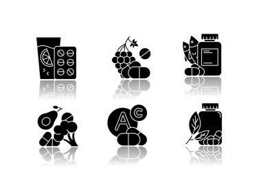 Vitamin intake drop shadow black glyph icons set. Vegetables and fruits for healthcare. Pharmaceutical aid. Diet supplement. Medication and pills. Multivitamin complex. Isolated vector illustrations clipart