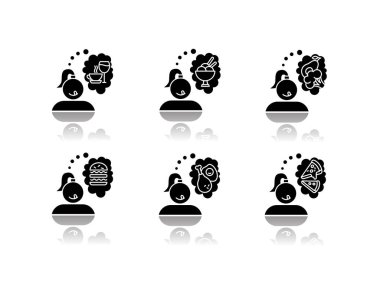 Gıda düşüşüne hasret siyah kabartma sembolleri dizildi. Sağlıksız atıştırmalıklar düşünen bir kadın. Lezzetli ikram. Fast food düşünceleri. Hamburger, pizza. - Dondurma. İştah ve açlık. İzole vektör çizimleri