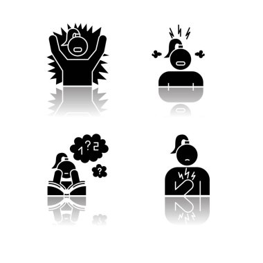 PMS symptoms drop shadow black glyph icons set. Emotional outburst. Irritability and stress. Poor concentration. Chest pain. Female healthcare. Attention deficit. Isolated vector illustrations clipart