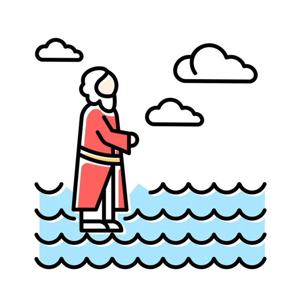 耶稣走在水蓝色图标 耶稣基督的奇迹 水面上的救主 伸出援手 向天上漂流 圣经叙事 孤立的矢量说明 — 图库矢量图片