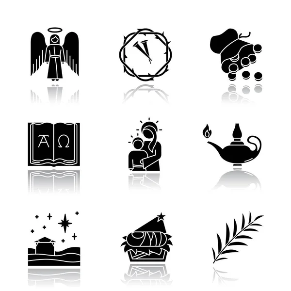 Bible Narratives Drop Shadow Black Glyph Icons Set Angel Thorns — ストックベクタ