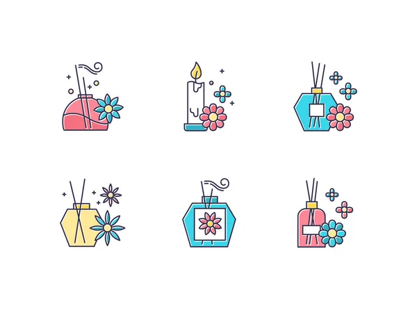 Conjunto Iconos Color Aromaterapia Palos Perfumados Florales Velas Aromáticas Ambientador — Vector de stock