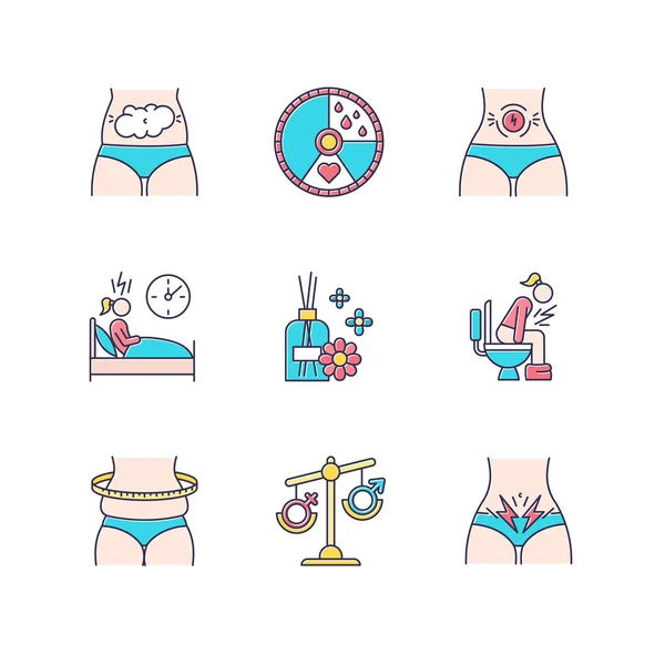 Menstrual Cycle Color Icons Set Predmenstrual Syndrome Bloating Abdominal Pain — ストックベクタ