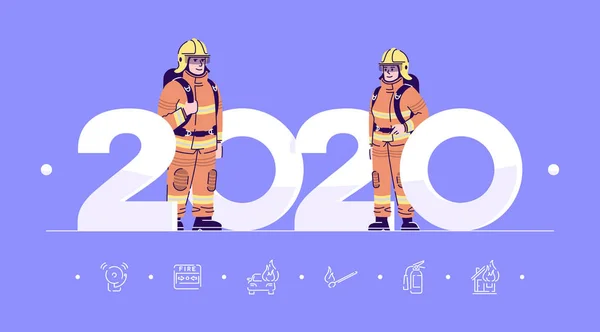 Berufe 2020 Flache Bannervektorvorlage Feuerwehrleute Isolierten Zeichentrickfiguren Auf Blauem Grund — Stockvektor