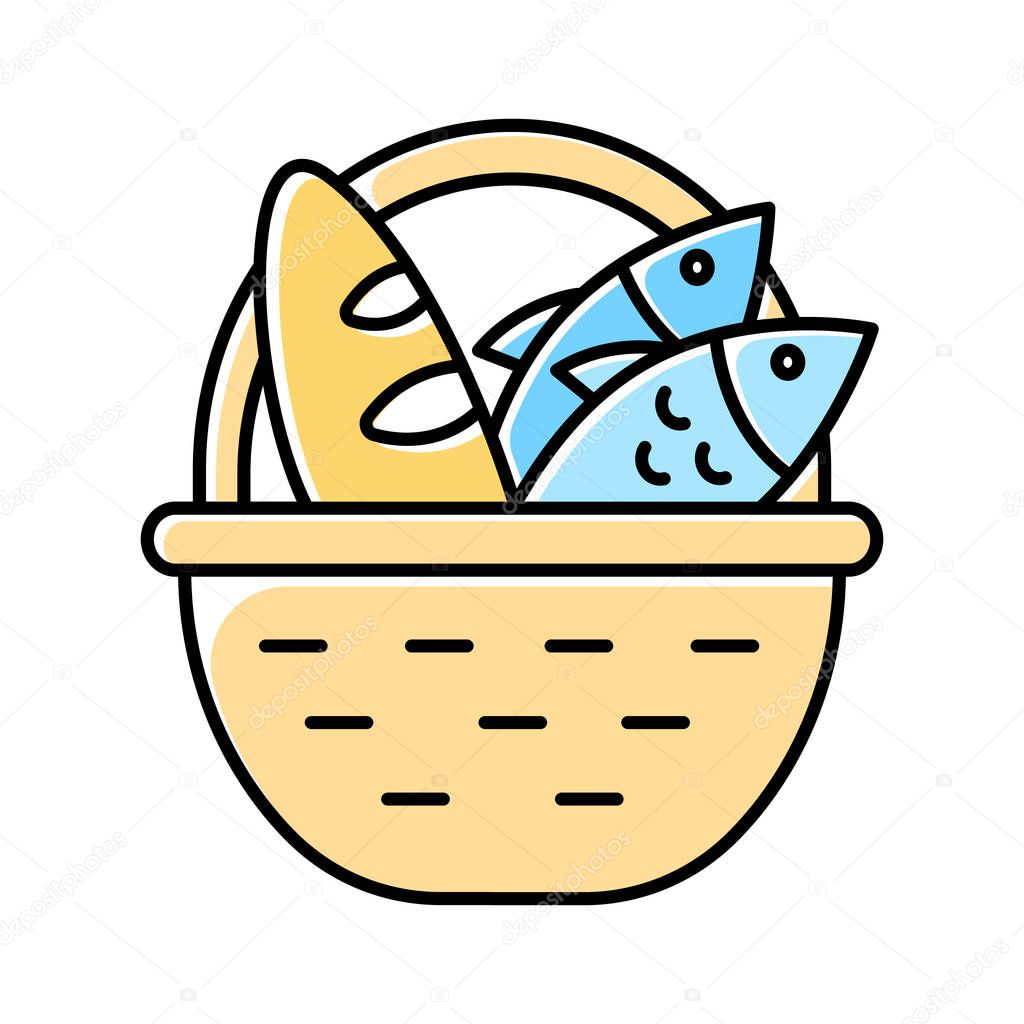 Bread and fish in basket yellow color icon. Feeding the multitude. Holy week. Miracle of Christ. Blessing food from Bible. New Testament. Bible narrative. Gospel story. Isolated vector illustration