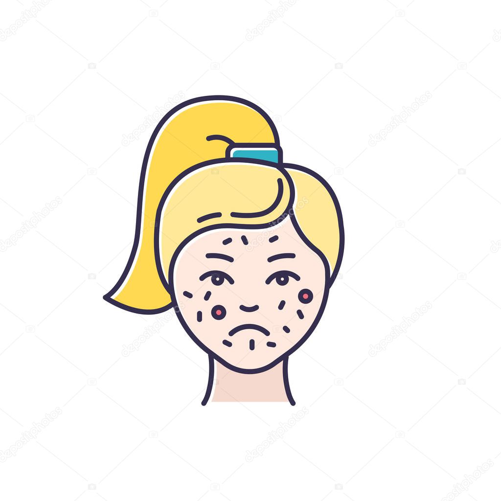 Acne color icon. Pimples on female face. Skincare for inflammation and irritation. Facial treatment. Puberty and teenager health problem. Cosmetology and dermatology. Isolated vector illustration