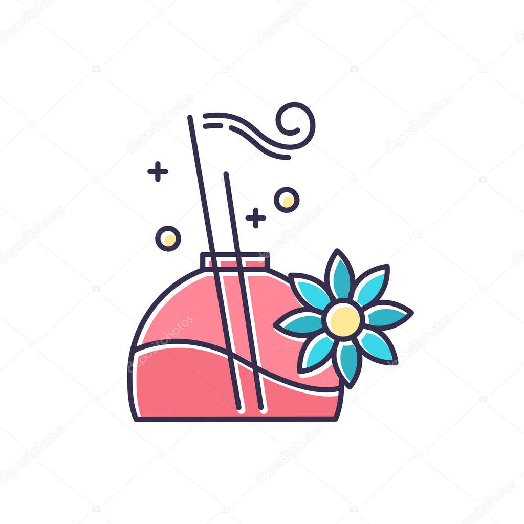 Aromatherapy color icon. Floral scent. Essential oils. Aromatic sticks. Female selfcare practice. Therapeutic spa product. Cosmetic and beauty. Fresh scented herb. Isolated vector illustration