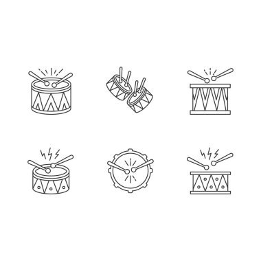 Brezilya müzik pikseli mükemmel doğrusal simgeler seti. Davullu davullar