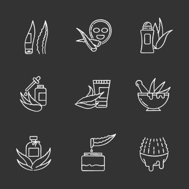 Aloe vera beyaz tebeşir simgeleri siyah arkaplanda ayarlandı. Antiperspir