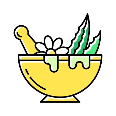 Kabak rengi ikonlu havan topu. Sıvı için tahıl yaprakları. Aloe. 