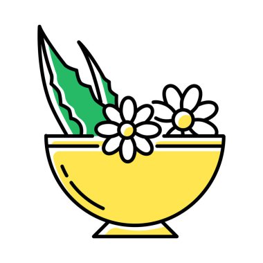 Yapraklar kase rengi simgesinde. Havanda şifalı bitkiler ve çiçekler