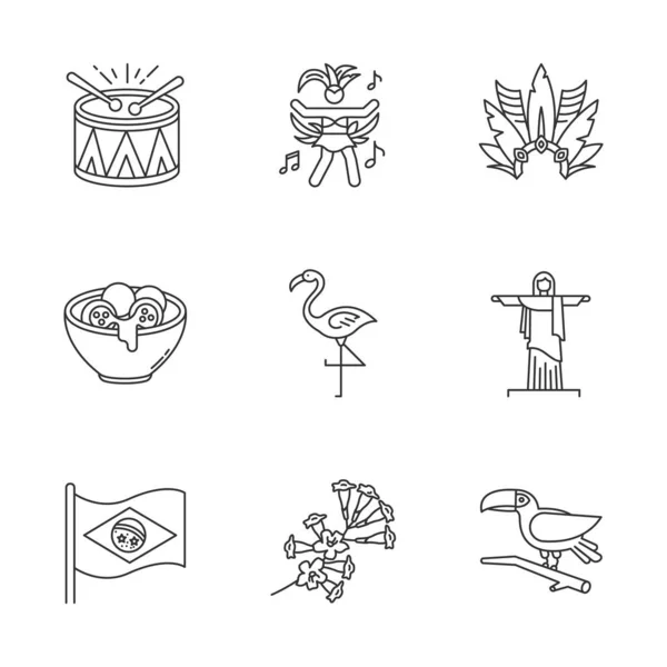 Brazilian culture pixel perfect linear icons set. Traditional ma — 스톡 벡터