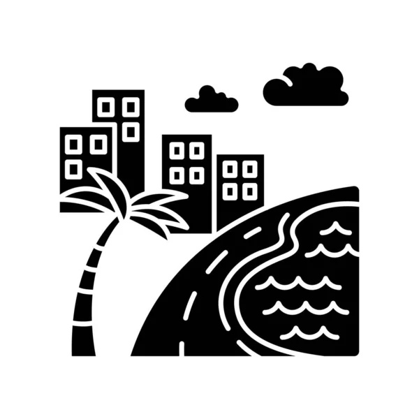 Brazil ocean beach black glyph icon. Skyscrapers and pond. Build — 스톡 벡터