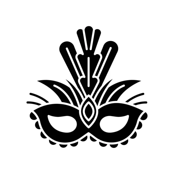 Masquerade masker zwarte glyph pictogram. Traditionele hoofddeksels met pruim — Stockvector