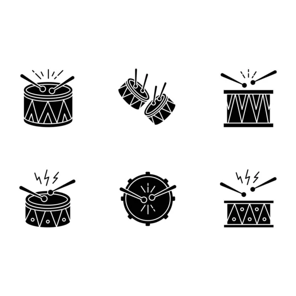 Brazilian music black glyph icons set on white space. Drums with — 스톡 벡터