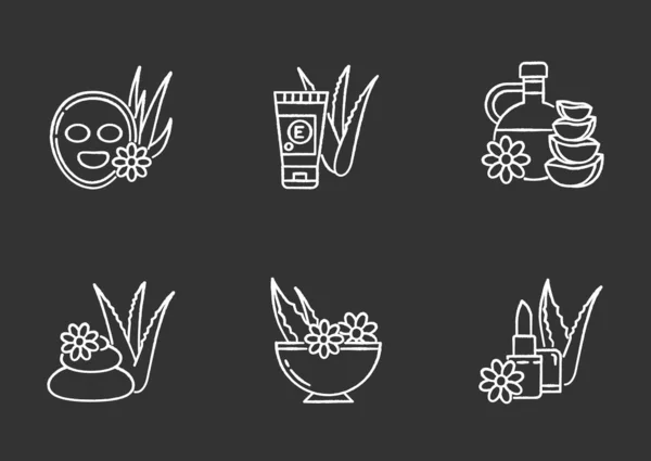 Aloe Vera kreideweiße Symbole auf schwarzem Hintergrund. Kosmetologie — Stockvektor