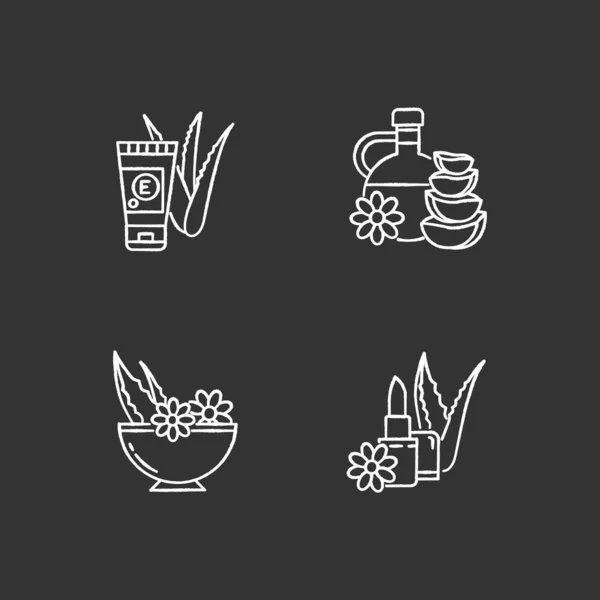 Aloe vera chalk white icons set on black background. Organic cre — 스톡 벡터