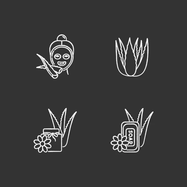 Aloe vera tiza iconos blancos establecidos sobre fondo negro. Faci femenino — Vector de stock