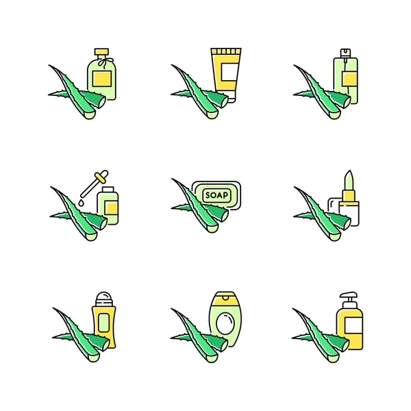 Set de iconos de color verde Aloe vera. Productos cosméticos con medicina — Vector de stock