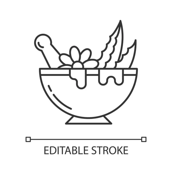 Mortar with pestle pixel perfect linear icon. Graining leaves fo — 스톡 벡터