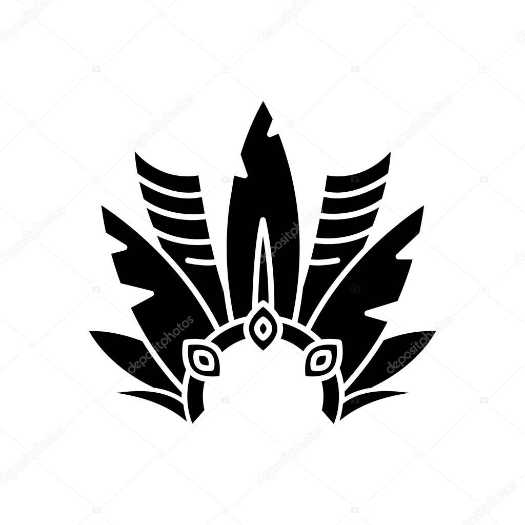 Brazilian carnival headwear black glyph icon. Crown with plumage. Mask. Traditional clothing. Ethnic festival. Masquerade parade. Silhouette symbol on white space. Vector isolated illustration