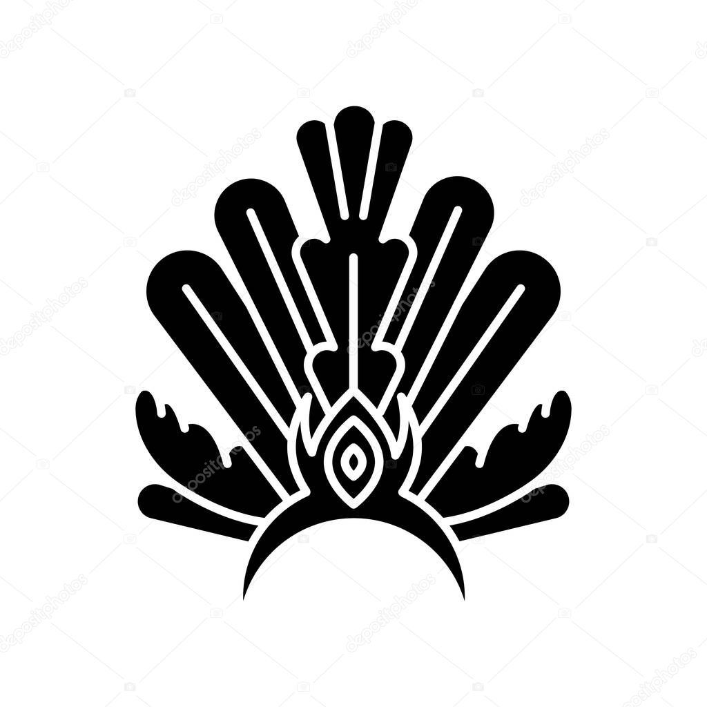 Brazilian carnival headwear black glyph icon. Crown with plumage. Ethnic wear. Traditional festival. National holiday. Masquerade parade. Silhouette symbol on white space. Vector isolated illustration